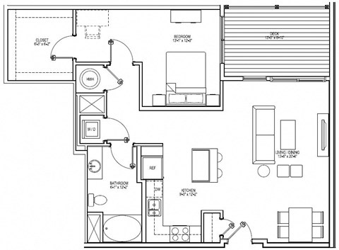 Floor plan for 1 bed, 1 bath, 964 sqft